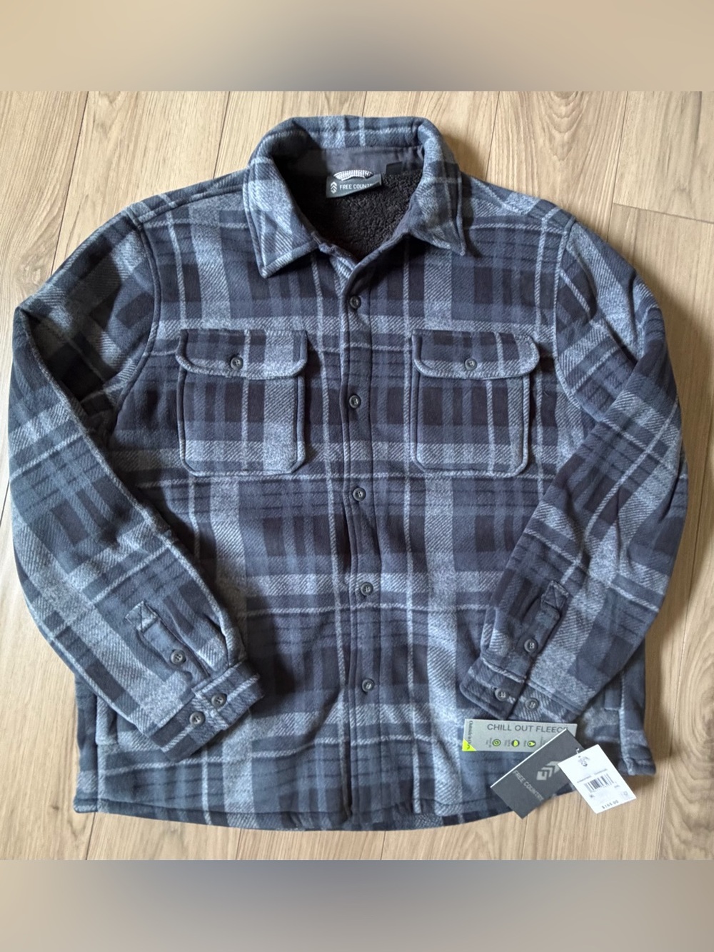 Free Country Mens Chill Out Fleece Shirt Jacket Charcoal Plaid Sherpa Sz XXL NWT